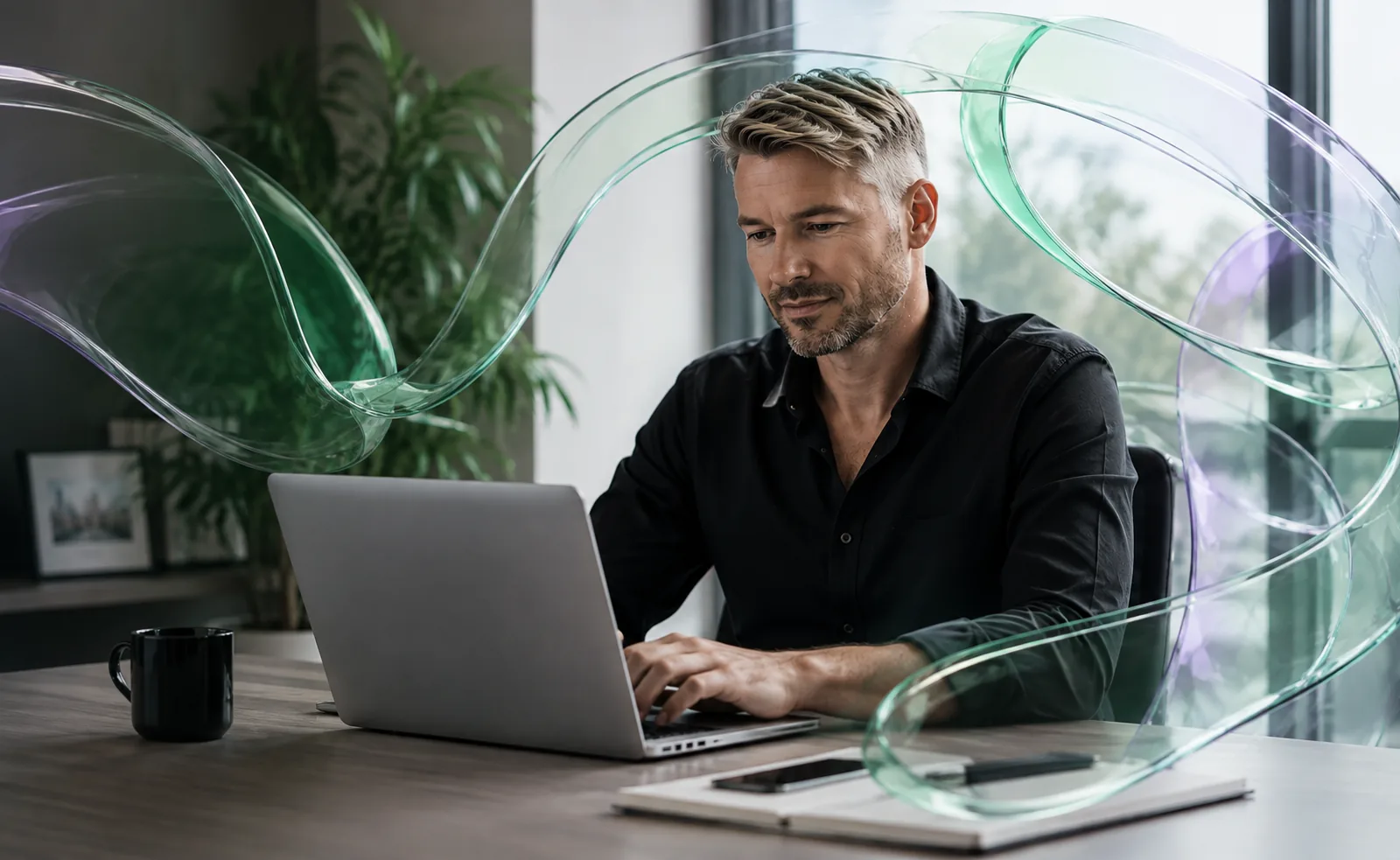 Sean Twomey working at a laptop with abstract green glass ribbons